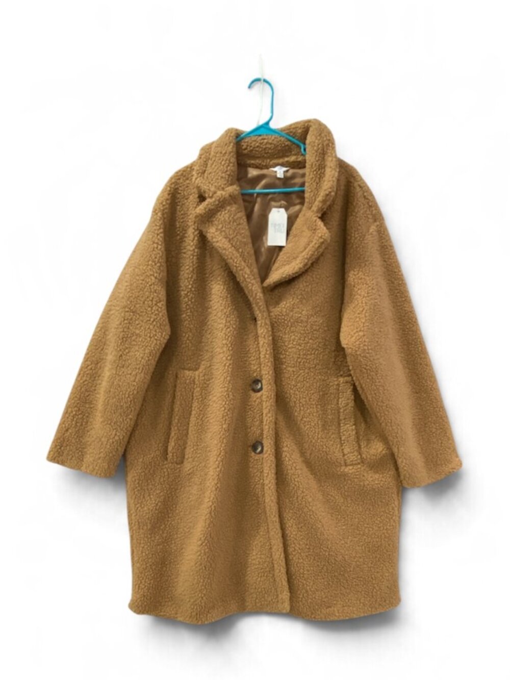Time and Tru Teddy Faux Shearling Long Coat Womans 2X Tan Lined Pocket Button Up